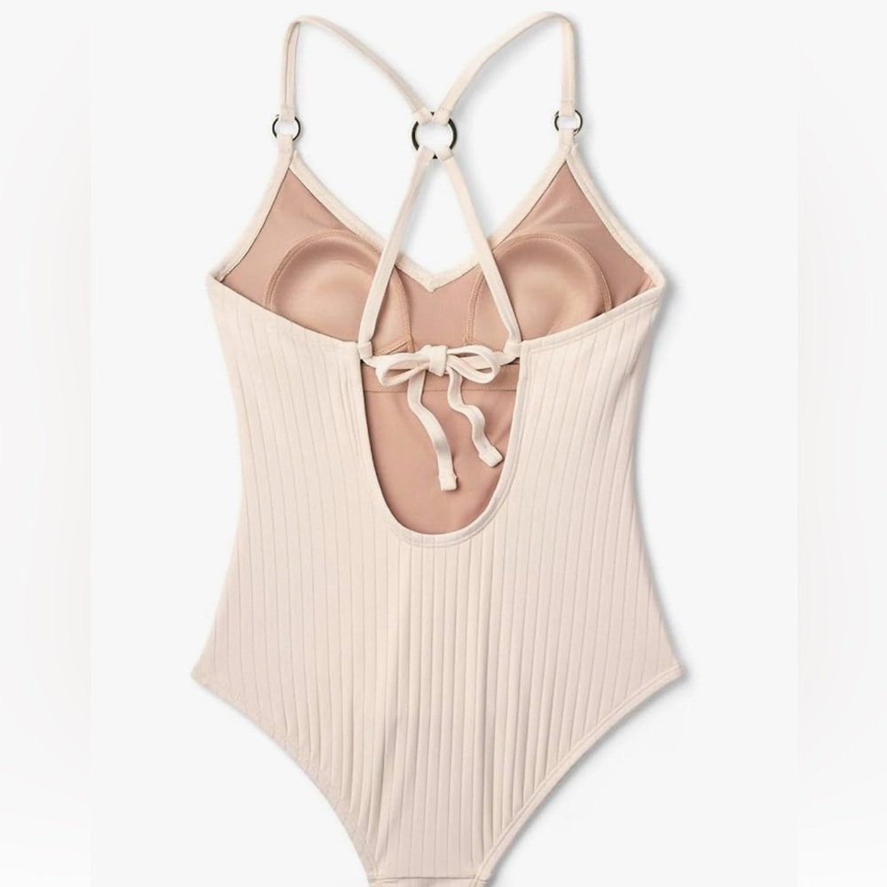 Kona Sol Cream Ribbed Ring Medium Coverage One Piece Swimsuit. Sz L - Picture 2 of 9